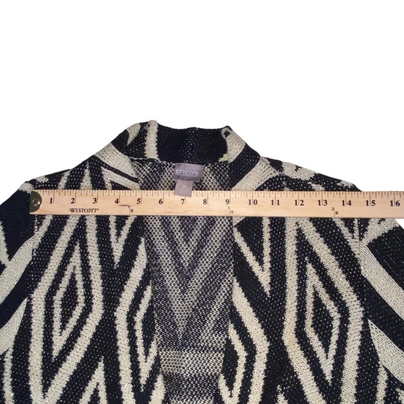 Chico's Black Gold Sparkle Open Asymmetric Geometric Tribal Cardigan 2 Large - Picture 5 of 13